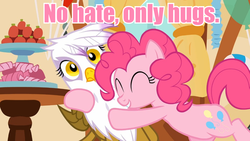 Size: 960x540 | Tagged: safe, edit, edited screencap, screencap, gilda, pinkie pie, griffon, g4, hug, image macro, meme, pink text