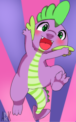 Size: 638x1024 | Tagged: safe, artist:wonton soup, spike, dragon, g4, baby, baby dragon, blushing, claws, cute, fangs, from below, jumping, male, open mouth, signature, solo, spikabetes