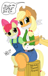 Size: 1125x1782 | Tagged: safe, artist:limpurtikles, artist:xyzextreme13, apple bloom, applejack, earth pony, anthro, g4, bondage, cloth gag, clothes, equestria girls outfit, gag, help us, offscreen character, rope