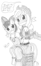 Size: 1125x1782 | Tagged: safe, artist:limpurtikles, apple bloom, applejack, earth pony, anthro, g4, black and white, bondage, cloth gag, gag, grayscale, help us, monochrome, offscreen character, rope