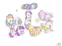 Size: 2995x2213 | Tagged: safe, artist:dbzshonen13, applejack, fluttershy, pinkie pie, rainbow dash, rarity, twilight sparkle, oc, earth pony, pegasus, pony, unicorn, g4, bondage, butt, gag, mane six, pencil drawing, plot, question mark, rope, rope bondage, tape, tape gag, traditional art