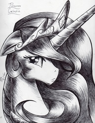 Size: 2454x3174 | Tagged: safe, artist:thespengineer, princess celestia, g4, female, floppy ears, frown, grayscale, looking at you, monochrome, pen, portrait, pouting, sad, solo