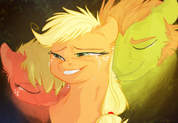 Size: 2549x1773 | Tagged: safe, artist:graystripe64, applejack, earth pony, pony, g4, applejack's dad, applejack's mom, applejack's parents, crying, eyes closed, family, father, female, freckles, hat, ma apple, male, mare, mother, pa apple, smiling, stallion