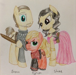 Size: 1866x1820 | Tagged: safe, artist:qemma, earth pony, pony, a song of ice and fire, armor, bronn, game of thrones, ponified, scar, shae, simple background, sword, tyrion lannister, weapon, white background