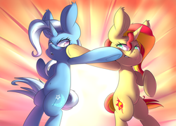 Size: 1600x1144 | Tagged: safe, artist:sourspot, sunset shimmer, trixie, pony, unicorn, g4, cross counter