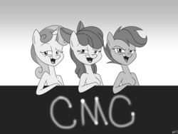 Size: 2400x1800 | Tagged: safe, artist:mofetafrombrooklyn, apple bloom, scootaloo, sweetie belle, earth pony, anthro, g4, barbie doll anatomy, black and white, cutie mark crusaders, grayscale, monochrome
