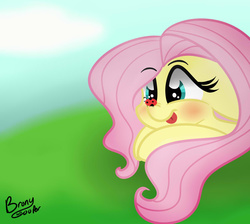 Size: 1177x1053 | Tagged: safe, artist:lynchristina, fluttershy, ladybug, pegasus, pony, g4, female, insect on nose, lying, lying down, solo, tongue out