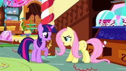 Size: 1366x768 | Tagged: safe, screencap, fluttershy, twilight sparkle, g4, griffon the brush off, duo, interior, looking at each other, raised hoof, sugarcube corner