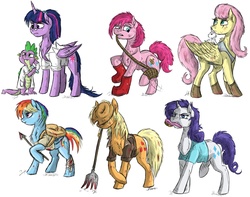 Size: 1431x1130 | Tagged: safe, artist:shimazun, applejack, fluttershy, pinkie pie, rainbow dash, rarity, spike, twilight sparkle, alicorn, pony, g4, alternate hairstyle, backpack, bandage, bruised, brush, clothes, female, hard times, mane seven, mane six, mare, messy mane, mouth hold, ponytail, spear, twilight sparkle (alicorn), weapon