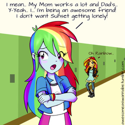 Size: 1200x1200 | Tagged: safe, artist:awesomeasiwannabe, rainbow dash, sunset shimmer, equestria girls, g4, my little pony equestria girls: friendship games, blatant lies, blushing, clothes, comic, crossed arms, dialogue, female, lesbian, looking away, open mouth, shipping, smiling, sunsetdash, tsunderainbow, tsundere