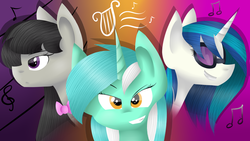 Size: 1024x576 | Tagged: safe, artist:despotshy, dj pon-3, lyra heartstrings, octavia melody, vinyl scratch, g4, musical trio