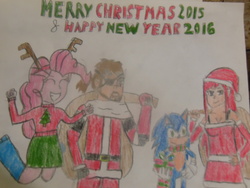 Size: 1024x768 | Tagged: safe, artist:brandonale, pinkie pie, g4, big boss, christmas, crossover, erza scarlett, fairy tail, happy new year, male, merry christmas, metal gear, metal gear solid, new year, sonic boom, sonic the hedgehog, sonic the hedgehog (series), traditional art