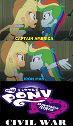 Size: 1024x1763 | Tagged: safe, screencap, applejack, rainbow dash, equestria girls, g4, captain america: civil war, female, image macro, meme, parody