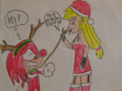 Size: 1024x768 | Tagged: safe, artist:brandonale, applejack, equestria girls, g4, appleknux, christmas, crossover, crossover shipping, knuckles the echidna, male, shipping, sonic the hedgehog, sonic the hedgehog (series), traditional art