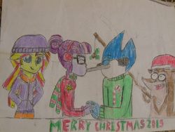 Size: 1024x768 | Tagged: safe, artist:brandonale, sci-twi, sunset shimmer, twilight sparkle, equestria girls, g4, christmas, crossover, crossover shipping, kissing, male, merry christmas, mordecai, mordecai and rigby, mordetwi, regular show, rigby (regular show), shipping, traditional art