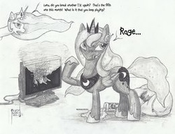 Size: 260x200 | Tagged: safe, artist:epicpaladin, derpy hooves, princess celestia, princess luna, pegasus, pony, g4, controller, female, mare, monochrome, needs more jpeg, picture for breezies, playstation, television