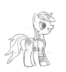 Size: 600x652 | Tagged: safe, artist:hickory17, oc, oc only, oc:littlepip, pony, unicorn, fallout equestria, black and white, clothes, fanfic, fanfic art, female, grayscale, jumpsuit, mare, monochrome, palindrome get, pencil drawing, pipbuck, profile, show accurate, simple background, smiling, solo, standing, traditional art, vault suit, white background