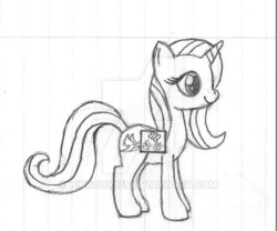 Size: 600x499 | Tagged: safe, artist:hickory17, oc, oc only, oc:velvet remedy, pony, unicorn, fallout equestria, fanfic, fanfic art, female, fluttershy medical saddlebag, horn, lined paper, mare, medical saddlebag, monochrome, pencil drawing, profile, saddle bag, show accurate, simple background, smiling, solo, standing, traditional art