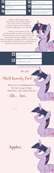 Size: 1280x4066 | Tagged: safe, artist:ncmares, applejack, twilight sparkle, alicorn, pony, g4, ask, big-apple-pony, female, fluffy, mare, offscreen character, that pony sure does love apples, tumblr, twilight sparkle (alicorn)