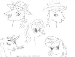 Size: 1024x786 | Tagged: safe, artist:hickory17, flam, flim, prince blueblood, sunset shimmer, trixie, pony, unicorn, g4, flim flam brothers, flower, hat, monochrome, open mouth, rose, show accurate