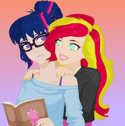 Size: 540x544 | Tagged: safe, artist:rarity-pie, sci-twi, sunset shimmer, twilight sparkle, equestria girls, g4, female, lesbian, ship:sci-twishimmer, ship:sunsetsparkle, shipping