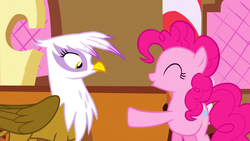 Size: 1366x768 | Tagged: safe, screencap, gilda, pinkie pie, griffon, g4, griffon the brush off