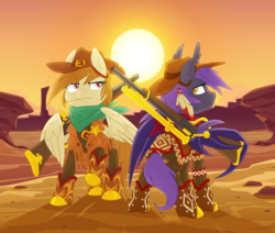 Size: 3900x3300 | Tagged: safe, artist:equestria-prevails, oc, oc only, oc:dollar rain, oc:moondrop, bat pony, pegasus, pony, clothes, cowboy, cowboy hat, desert, gun, hat, high res, rifle, sun, weapon, wing hold