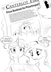 Size: 1280x1810 | Tagged: safe, artist:silfoe, prince blueblood, rarity, twilight sparkle, alicorn, pony, royal sketchbook, g4, female, grayscale, mare, monochrome, newspaper, twilight sparkle (alicorn)