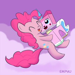 Size: 1000x1000 | Tagged: safe, artist:empyu, pinkie pie, g4, crossover, cute, diapinkes, duo, hug, lego, the lego movie, unikitty, weapons-grade cute