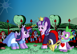 Size: 3441x2412 | Tagged: safe, artist:lars99, spike, starlight glimmer, twilight sparkle, alicorn, pony, g4, alice in wonderland, crossover, female, high res, mare, queen of hearts, ruff (clothing), twilight sparkle (alicorn), white rabbit