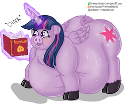 Size: 1024x844 | Tagged: safe, artist:professordoctorc, twilight sparkle, alicorn, pig, pony, belly, big belly, book, fat, morbidly obese, obese, oink, pigified, reading, species swap, sweat, twilard sparkle, twilight porkle, twilight sparkle (alicorn)