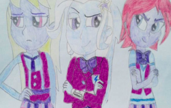 Size: 962x607 | Tagged: safe, artist:hakdurbin, fuchsia blush, lavender lace, trixie, equestria girls, g4, clothes, crystal prep academy uniform, grin, school uniform, traditional art