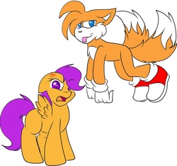 Size: 1638x1536 | Tagged: safe, artist:sparkle-the-cat-13, scootaloo, g4, crossover, male, miles "tails" prower, sonic the hedgehog (series)