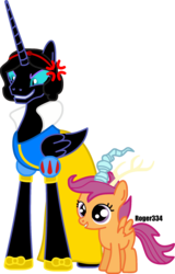 Size: 1272x1983 | Tagged: safe, artist:roger334, nightmare moon, scootaloo, g4, amusement park, angry, disneyland, parody, simple background, smiling, snow white, snow white and the seven dwarfs, transparent background, vector