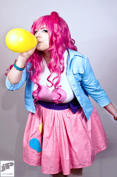 Size: 636x960 | Tagged: safe, artist:robinyume, pinkie pie, human, equestria girls, g4, balloon, blowing up balloons, clothes, cosplay, costume, equestria girls outfit, irl, irl human, photo, solo