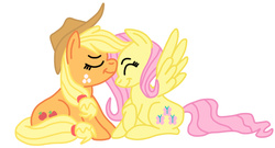 Size: 538x291 | Tagged: safe, artist:squipycheetah, applejack, fluttershy, g4, crossed hooves, eyes closed, female, lesbian, nuzzling, raised hoof, ship:appleshy, shipping, simple background, sitting, smiling, spread wings, white background