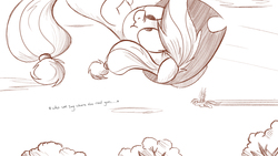 Size: 2000x1125 | Tagged: safe, artist:ncmares, applejack, rainbow dash, pony, g4, big-apple-pony, enya, falling, flying, giant pony, lyrics, macro, monochrome, scrunchy face, this will end in tears