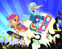 Size: 1000x786 | Tagged: safe, artist:pixelkitties, rainbow dash, scootaloo, g4, back to the future, back to the future part 2, clothes, costume, crossdressing, crossover, hasbro logo, hoverboard, marty mcfly, nightmare night, nightmare night costume, skateboard