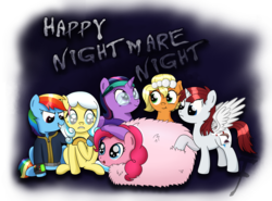 Size: 3297x2434 | Tagged: safe, artist:flufflelord, applejack, fluttershy, pinkie pie, rainbow dash, rarity, twilight sparkle, oc, oc:brownie bun, oc:fausticorn, oc:fluffle puff, oc:littlepip, oc:nyx, oc:snowdrop, alicorn, earth pony, pegasus, pony, unicorn, g4, alicorn oc, clothes, cosplay, costume, fake cutie mark, fake wings, fanfic, fanfic art, female, glasses, grin, halloween, high res, hooves, horn, jumpsuit, lauren faust, mane six, mare, nightmare night, nightmare night costume, pipbuck, simple background, sitting, smiling, standing, taco, tongue out, transparent background, vault suit, wig, wings