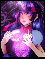 Size: 695x900 | Tagged: safe, artist:usagikari, twilight sparkle, human, g4, book, clothes, equestria girls outfit, female, horn, horned humanization, humanized, looking at you, magic, magic circle, purple eyes, solo