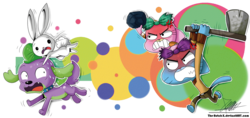 Size: 1401x659 | Tagged: safe, artist:the-butch-x, angel bunny, spike, cat, dog, rabbit, equestria girls, g4, anais watterson, angry, axe, brother and sister, chase, cross-popping veins, crossover, emanata, female, furry confusion, group, gumball watterson, male, quartet, rock, scared, siblings, simple background, spike the dog, the amazing world of gumball, transparent background