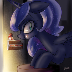 Size: 500x500 | Tagged: artist needed, source needed, safe, princess luna, g4, cake, caught, female, filly, food, refrigerator, solo, woona