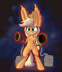 Size: 1500x1750 | Tagged: safe, artist:heir-of-rick, applejack, earth pony, pony, g4, alcohol, barrel, bipedal, cannon, chest fluff, cider, female, food, grin, impossibly large ears, solo
