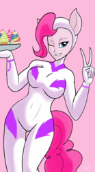 Size: 1000x1800 | Tagged: safe, artist:theroyalprincesses, fili-second, pinkie pie, anthro, g4, power ponies (episode), breasts, busty pinkie pie, cupcake, female, food, human facial structure, peace sign, power ponies, rainbow cupcake, solo, wink