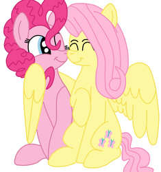 Size: 565x600 | Tagged: safe, artist:squipycheetah, fluttershy, pinkie pie, g4, eyes closed, female, hug, lesbian, one eye closed, ship:flutterpie, shipping, simple background, sitting, smiling, spread wings, white background, winghug