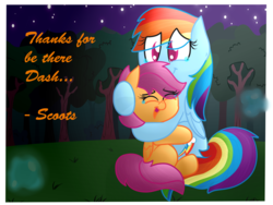 Size: 1600x1200 | Tagged: safe, artist:gypsycuddles, rainbow dash, scootaloo, pegasus, pony, g4, sleepless in ponyville, dialogue, female, grass, hug, scootalove, siblings, sisters, sky, stars, tree