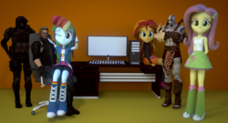 Size: 720x390 | Tagged: safe, artist:napad96, fluttershy, rainbow dash, sunset shimmer, equestria girls, g4, 3d, albert wesker, computer, crossover, crossover shipping, desk, god of war, kratos, monitor, resident evil, shipping, sitting, table