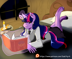 Size: 1224x1008 | Tagged: safe, artist:suki262, twilight sparkle, anthro, unguligrade anthro, g4, bed, book, candle, female, glowing horn, horn, magic, patreon, patreon logo, reading, solo, telekinesis