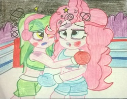 Size: 1897x1489 | Tagged: safe, artist:toyminator900, lemon zest, pinkie pie, equestria girls, g4, boxing, boxing gloves, boxing ring, dizzy, traditional art