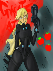 Size: 3000x4000 | Tagged: safe, artist:aweopalta, applejack, equestria girls, g4, clothes, cosplay, costume, crossover, female, gantz, solo
